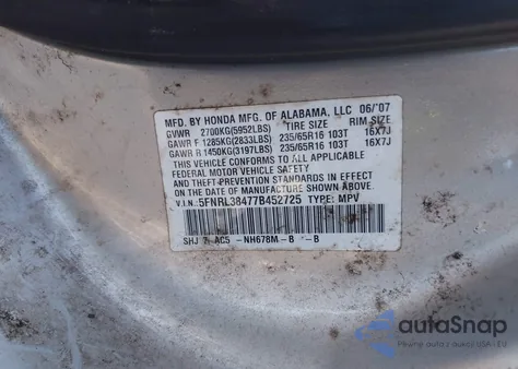 2007 Honda Odyssey Ex z USA, uszkodzony, nr VIN 5FNRL38477B452725